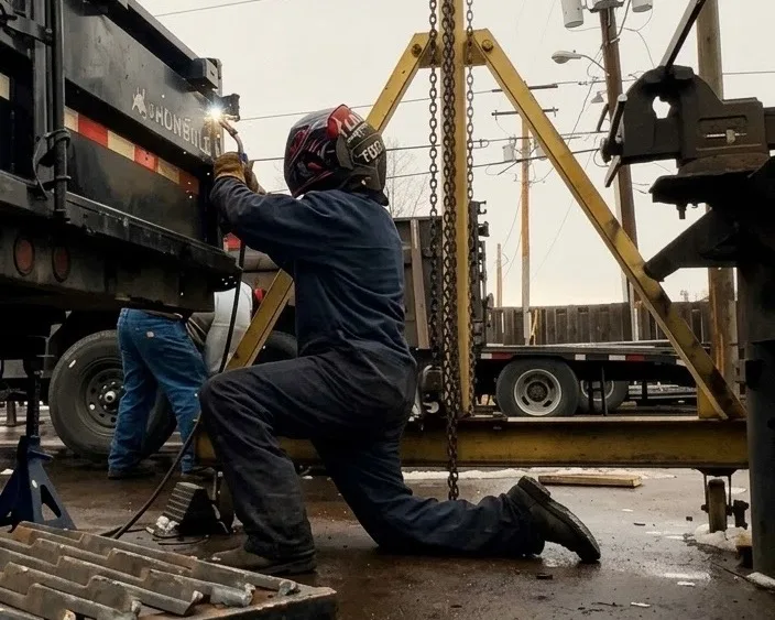 Jayhawk Trailers welder repairing a dump trailer body